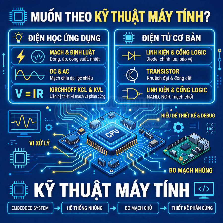 Infographic giới thiệu ngành kỹ thuật máy tính, kiến thức điện tử cơ bản, vi xử lý CPU và bo mạch nhúng