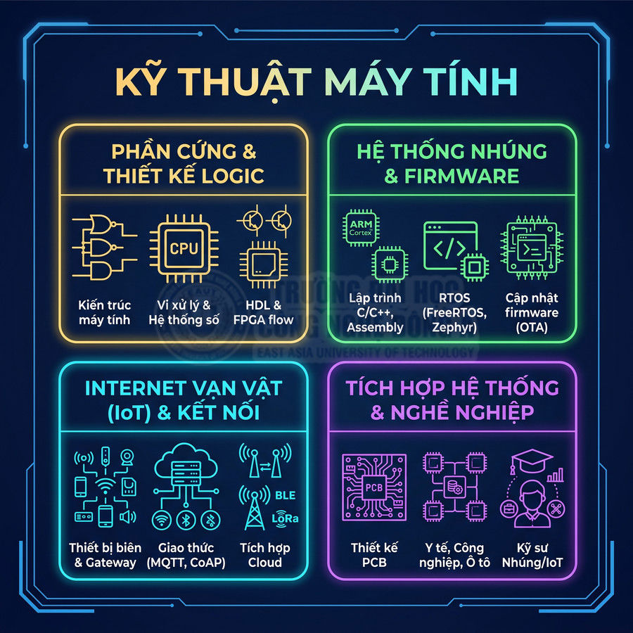 Sơ đồ các mảng học trong ngành kỹ thuật máy tính: phần cứng, nhúng, IoT, tích hợp hệ thống và nghề nghiệp