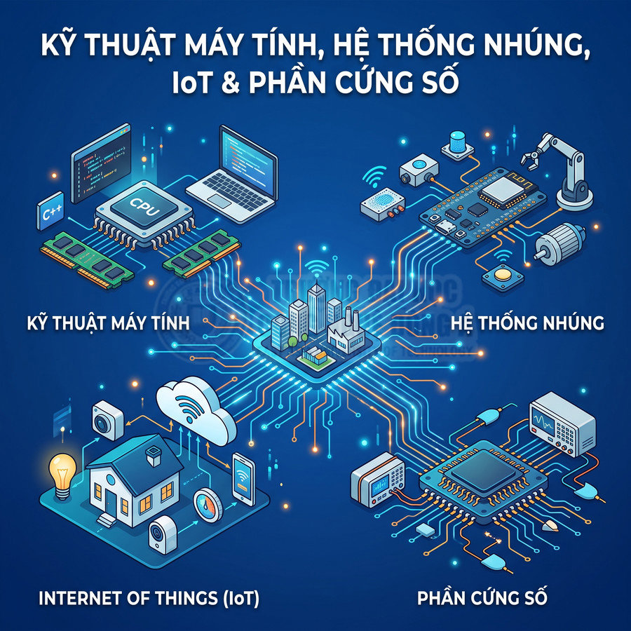 Minh họa kỹ thuật máy tính, hệ thống nhúng, IoT và phần cứng số với các thiết bị kết nối mạng