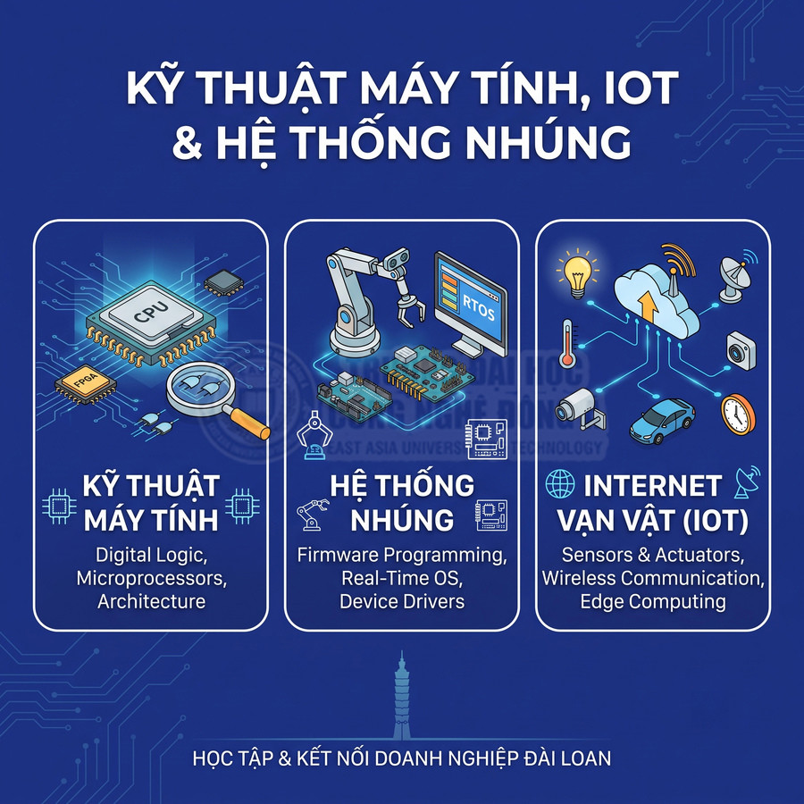 Poster giới thiệu ngành kỹ thuật máy tính, hệ thống nhúng và Internet vạn vật với các biểu tượng CPU, robot, cảm biến, đám mây
