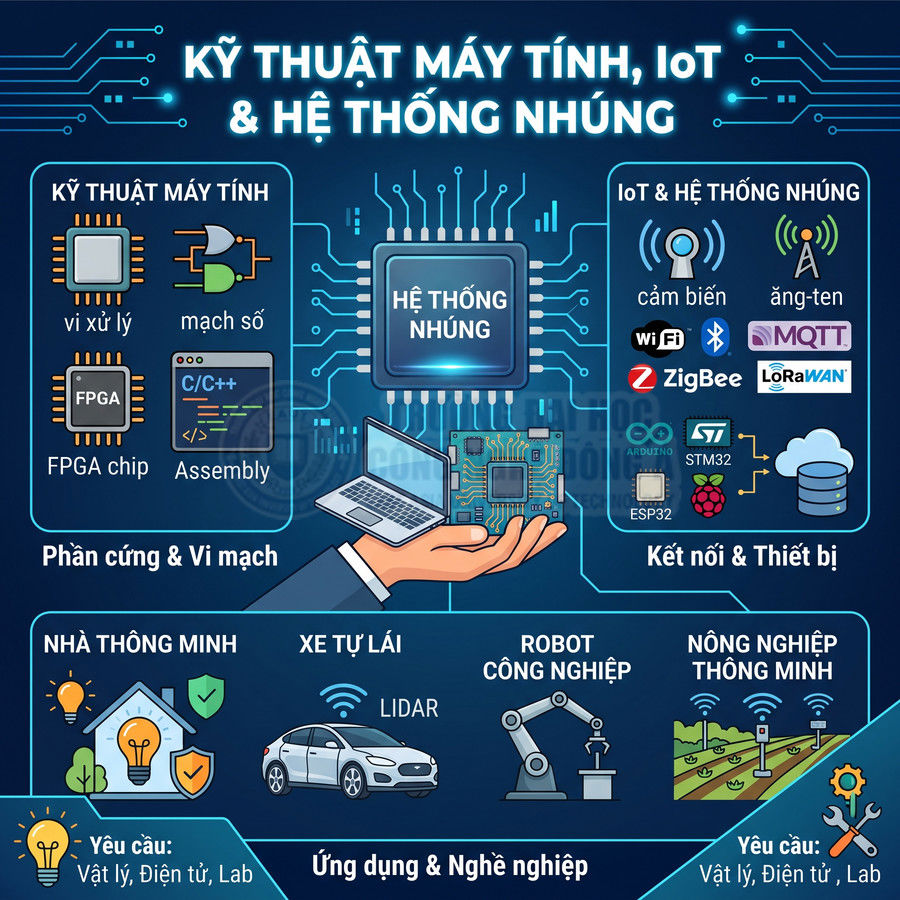 Infographic kỹ thuật máy tính IoT và hệ thống nhúng với vi xử lý, cảm biến, robot, xe tự lái và nhà thông minh