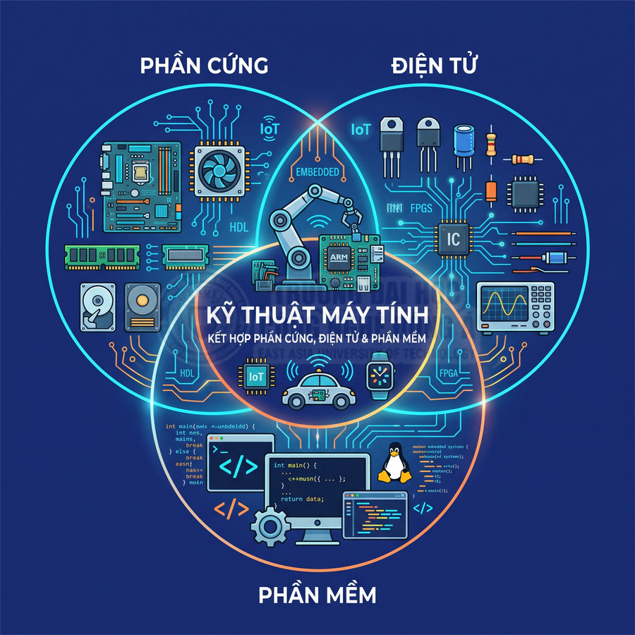 Sơ đồ kỹ thuật máy tính kết hợp phần cứng, điện tử và phần mềm với bo mạch, robot, màn hình code