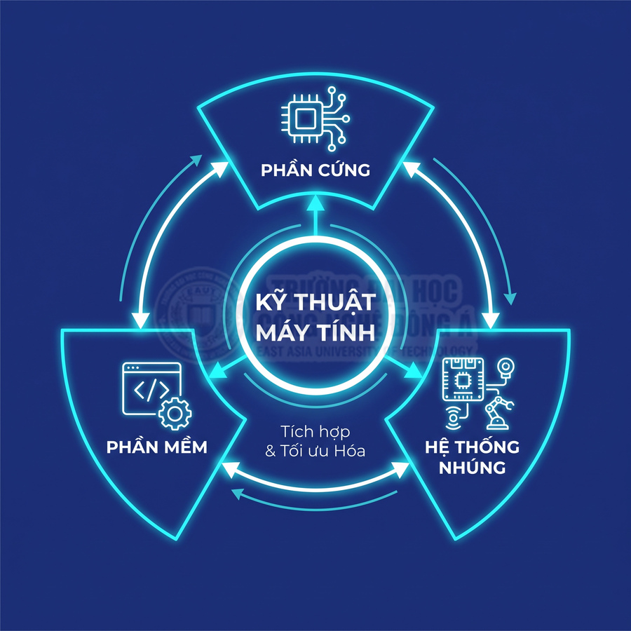 Sơ đồ ngành kỹ thuật máy tính với phần cứng, phần mềm và hệ thống nhúng tích hợp tối ưu hóa