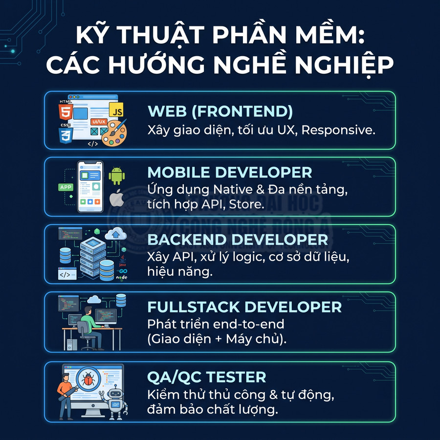 Các hướng nghề nghiệp ngành kỹ thuật phần mềm gồm Web, Mobile, Backend, Fullstack Developer và QA QC Tester