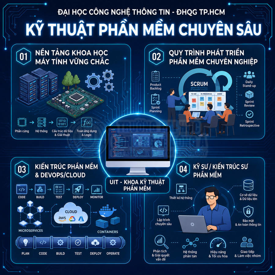 Infographic giới thiệu ngành Kỹ thuật phần mềm chuyên sâu tại Đại học Công nghệ Thông tin TP.HCM