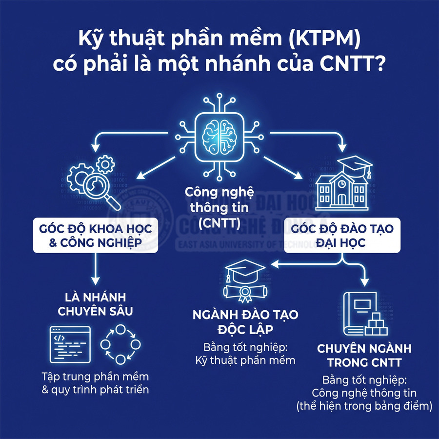 Sơ đồ phân biệt kỹ thuật phần mềm với công nghệ thông tin, nêu định hướng đào tạo và bằng tốt nghiệp tương ứng