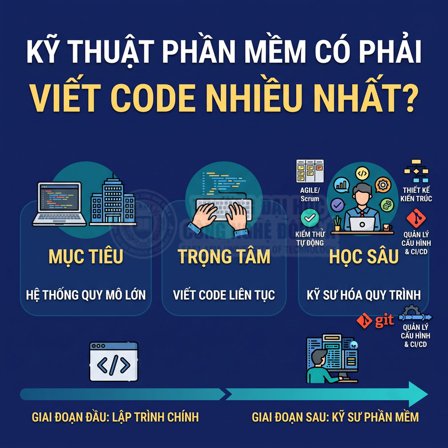 Infographic lộ trình kỹ thuật phần mềm, từ viết code liên tục đến kỹ sư hóa quy trình và quản lý hệ thống quy mô lớn