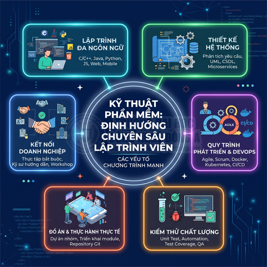 Chương trình kỹ thuật phần mềm định hướng lập trình viên với lập trình đa ngôn ngữ, DevOps, thực hành dự án, kiểm thử QA