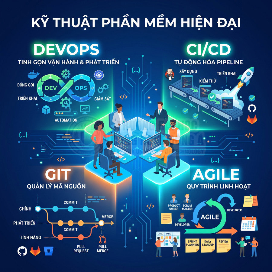 Mô hình kỹ thuật phần mềm hiện đại với DevOps, CI/CD, Git và Agile minh họa quy trình phát triển linh hoạt
