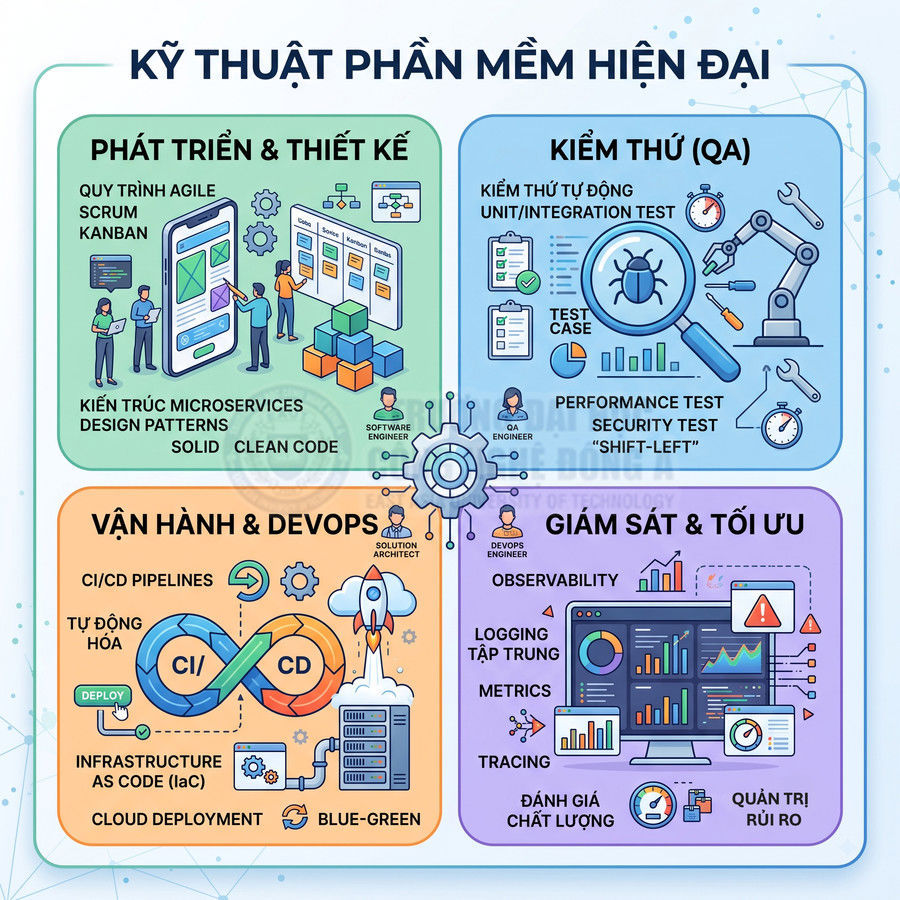 Sơ đồ quy trình kỹ thuật phần mềm hiện đại với phát triển thiết kế kiểm thử vận hành DevOps giám sát tối ưu