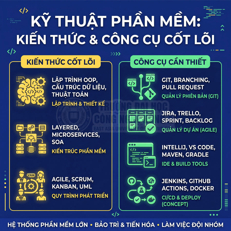 Infographic kiến thức cốt lõi và công cụ cần thiết trong kỹ thuật phần mềm cho lập trình viên