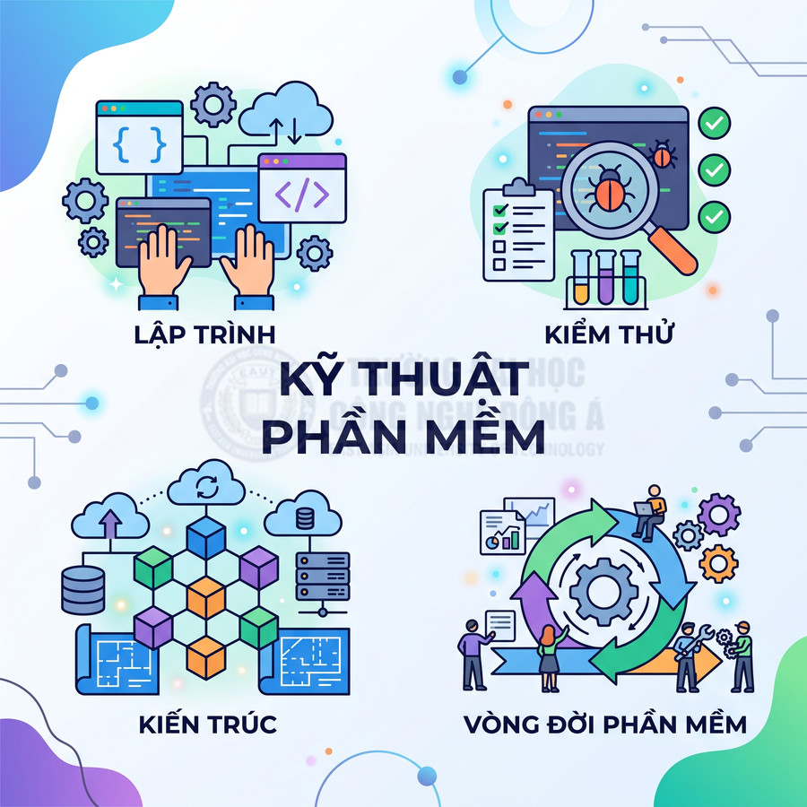 Minh họa các mảng lập trình, kiểm thử, kiến trúc và vòng đời trong ngành kỹ thuật phần mềm