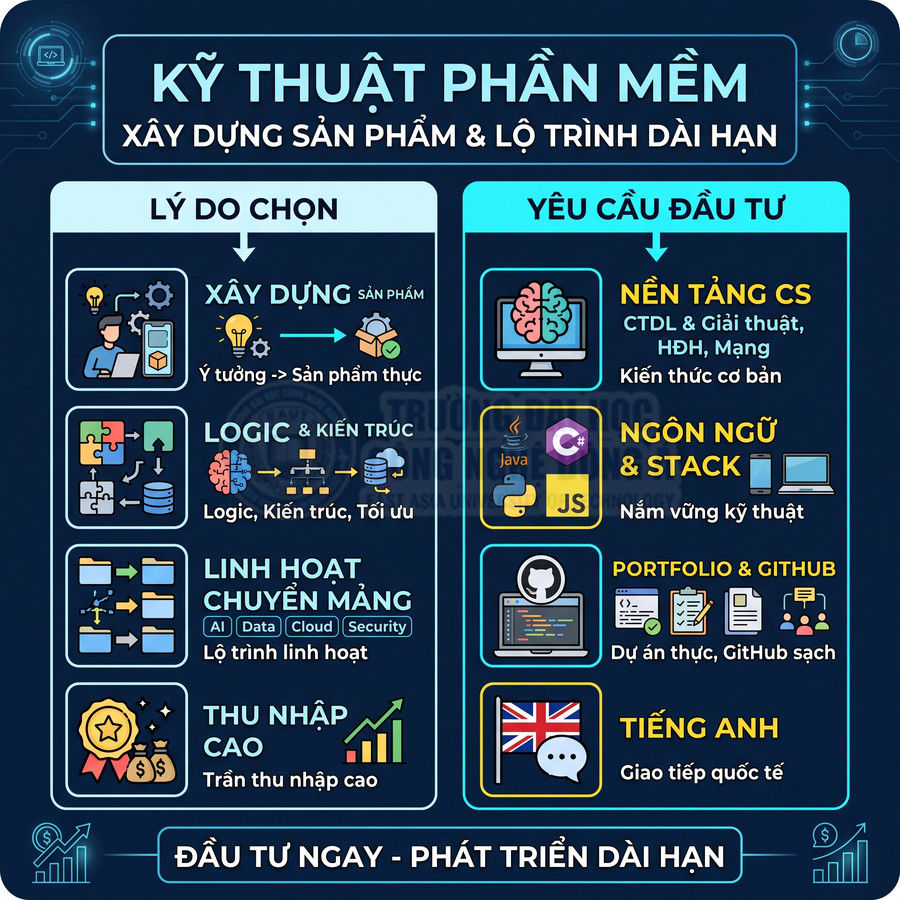 Infographic lộ trình học kỹ thuật phần mềm, lý do chọn ngành và các yêu cầu đầu tư kiến thức, kỹ năng, tiếng Anh