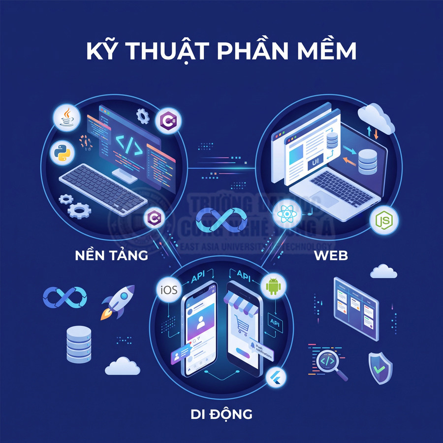 Minh họa ngành kỹ thuật phần mềm với lập trình nền tảng, web và di động cùng các biểu tượng Java, Python, iOS, Android