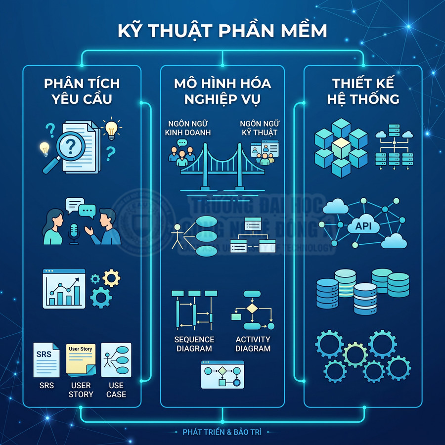 Sơ đồ quy trình kỹ thuật phần mềm với phân tích yêu cầu, mô hình hóa nghiệp vụ và thiết kế hệ thống