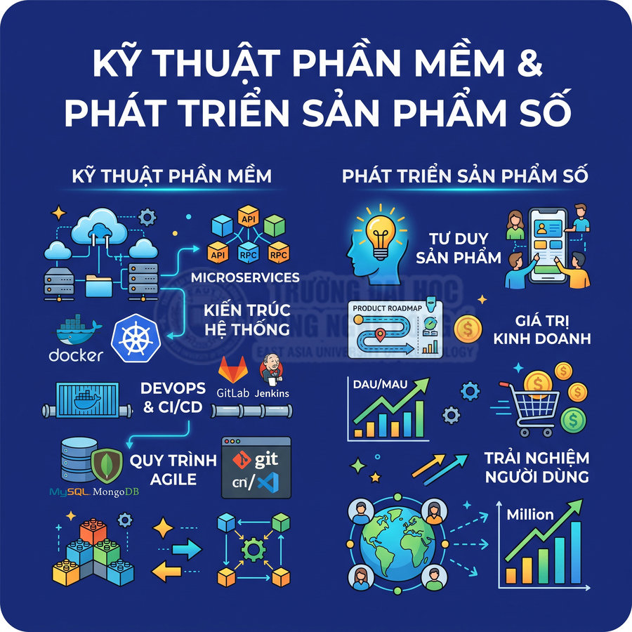 Infographic kỹ thuật phần mềm và phát triển sản phẩm số với Docker, Kubernetes, GitLab, Jenkins, MySQL, MongoDB