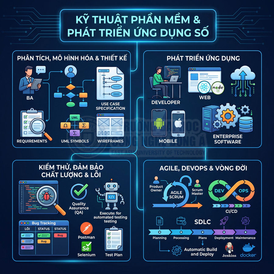 Infographic quy trình kỹ thuật phần mềm, phát triển ứng dụng số, kiểm thử chất lượng và Agile DevOps