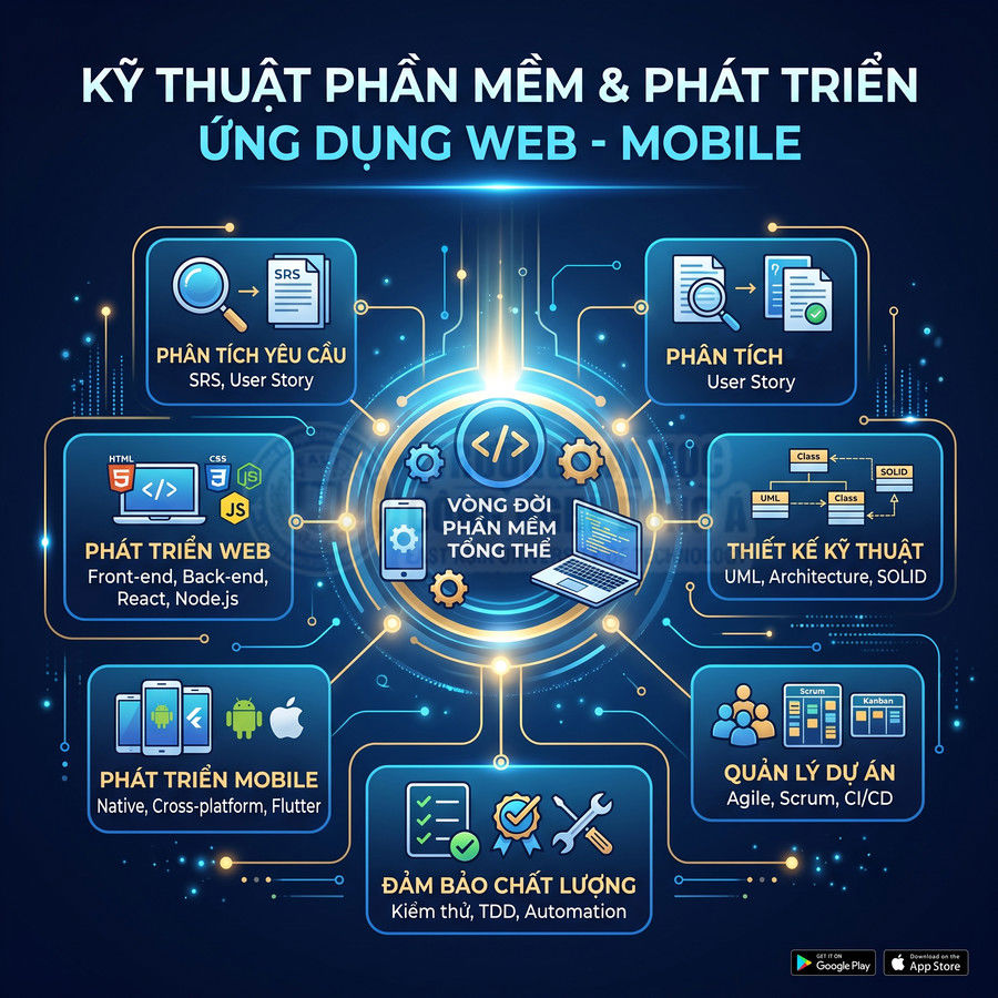Sơ đồ quy trình kỹ thuật phần mềm và phát triển ứng dụng web mobile với các bước phân tích thiết kế lập trình kiểm thử