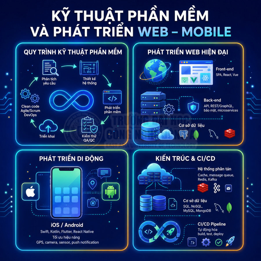 Infographic quy trình kỹ thuật phần mềm, phát triển web mobile, kiến trúc CI CD và phát triển ứng dụng iOS Android