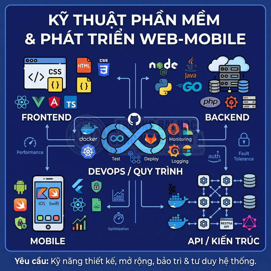 Sơ đồ kỹ thuật phần mềm và phát triển web mobile với frontend backend mobile devops và kiến trúc API