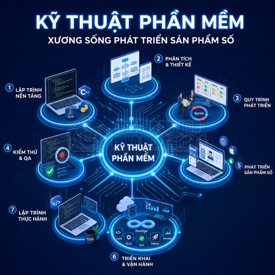 Quy trình kỹ thuật phần mềm từ lập trình, phân tích thiết kế, kiểm thử đến triển khai vận hành sản phẩm số