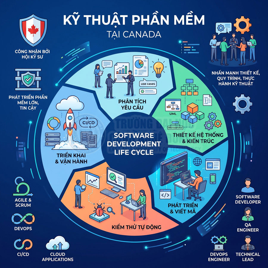 Mô tả quy trình phát triển phần mềm tại Canada với các bước phân tích, thiết kế, lập trình, kiểm thử và vận hành