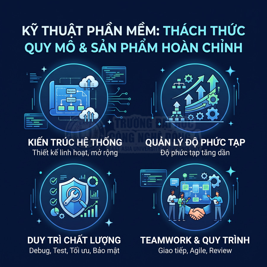 Poster kỹ thuật phần mềm với các nội dung kiến trúc hệ thống, quản lý độ phức tạp, duy trì chất lượng, teamwork và quy trình