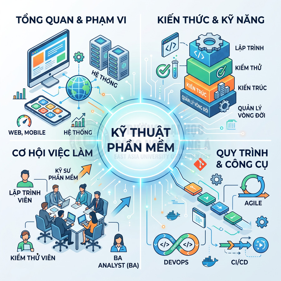 Infographic giới thiệu ngành kỹ thuật phần mềm, kiến thức kỹ năng, cơ hội việc làm và quy trình công cụ Agile DevOps