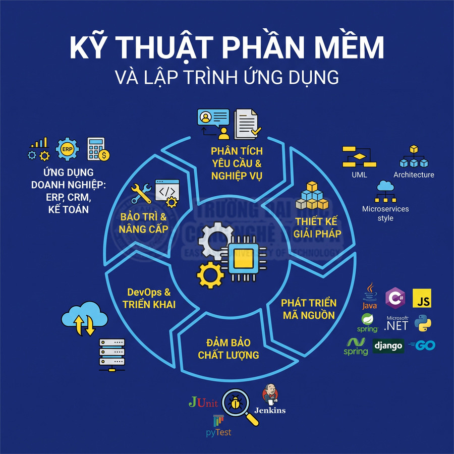 Infographic quy trình kỹ thuật phần mềm và lập trình ứng dụng với các bước phân tích, thiết kế, phát triển, kiểm thử, DevOps