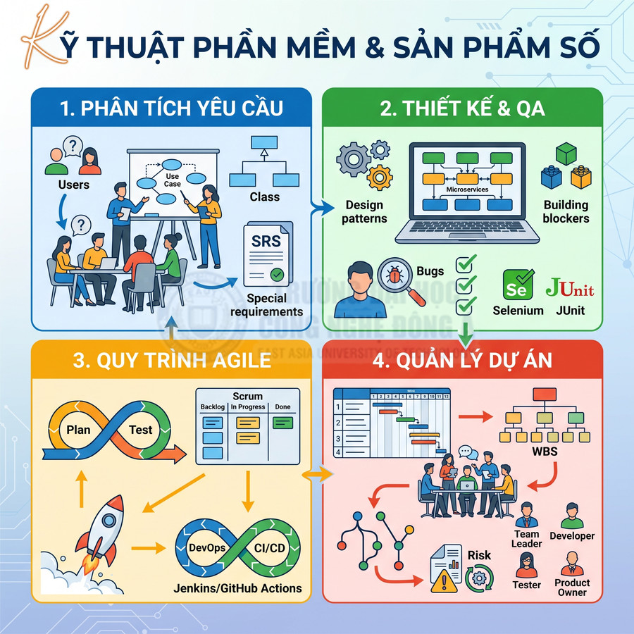 Infographic quy trình kỹ thuật phần mềm và sản phẩm số gồm phân tích yêu cầu, thiết kế QA, Agile và quản lý dự án