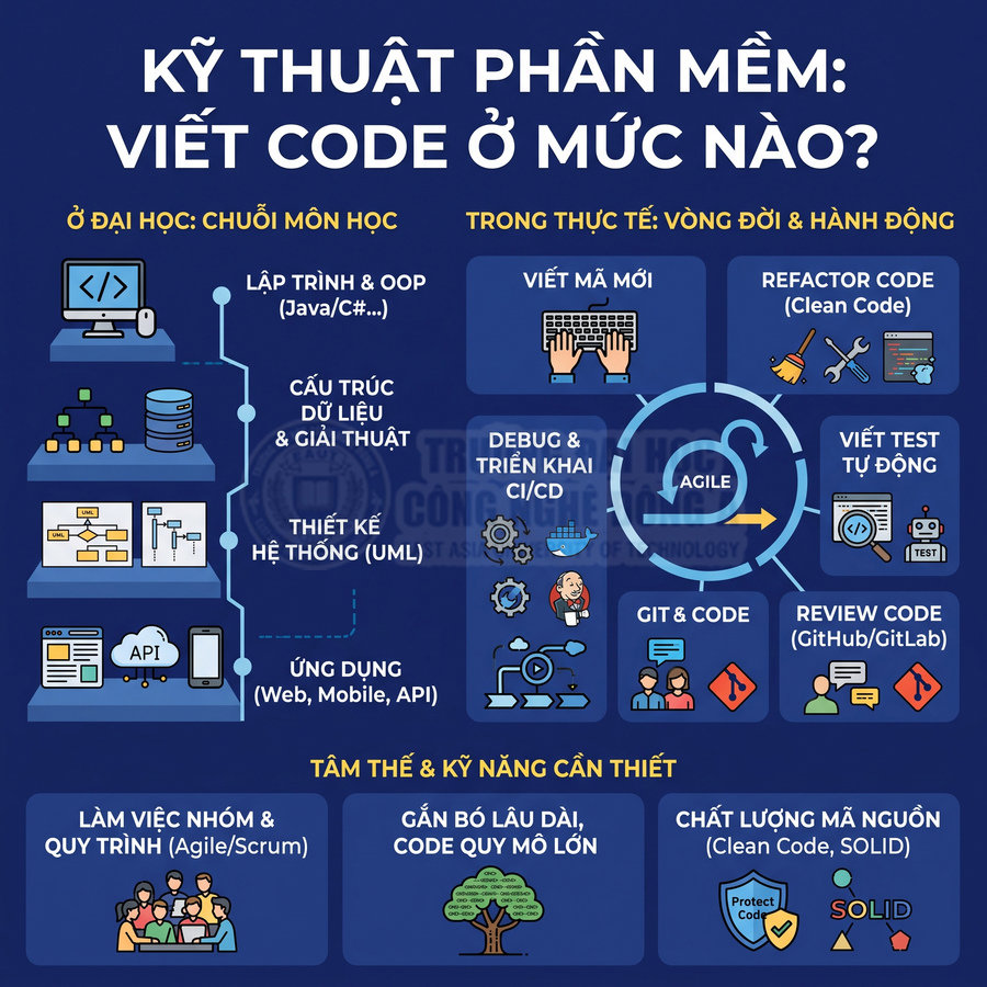 Infographic kỹ thuật phần mềm mô tả các môn học, quy trình Agile và kỹ năng cần có khi viết code