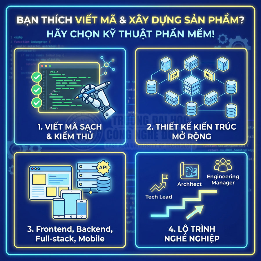 Poster giới thiệu ngành kỹ thuật phần mềm với các mảng viết mã, thiết kế kiến trúc, frontend backend mobile và lộ trình nghề nghiệp