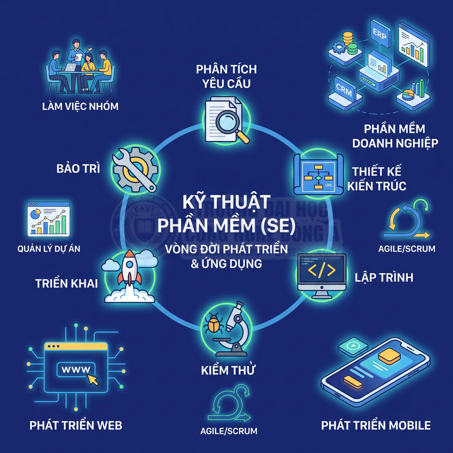 Sơ đồ vòng đời phát triển kỹ thuật phần mềm SE với các bước phân tích, thiết kế, lập trình, kiểm thử, triển khai, bảo trì