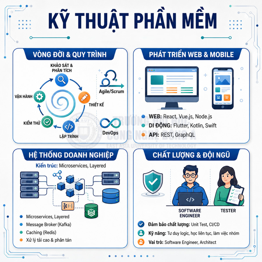 Infographic giới thiệu ngành kỹ thuật phần mềm với quy trình phát triển, web mobile, hệ thống doanh nghiệp và vai trò kỹ sư tester