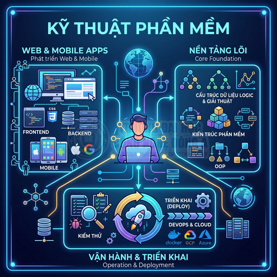 Mô hình kỹ thuật phần mềm với lập trình web mobile, kiến trúc phần mềm, kiểm thử và triển khai DevOps Cloud