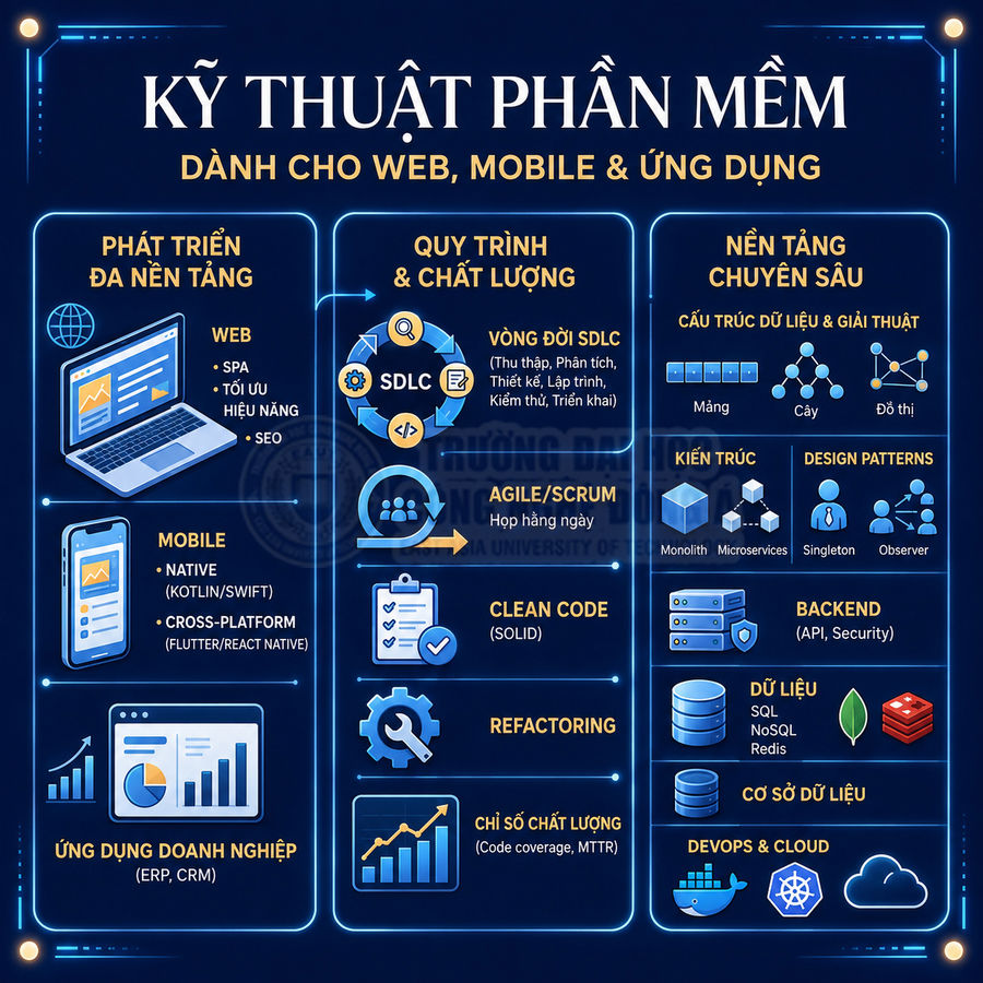Infographic kỹ thuật phần mềm cho web mobile ứng dụng gồm phát triển đa nền tảng quy trình chất lượng và nền tảng chuyên sâu