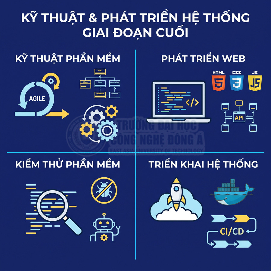 Mô tả các mảng kỹ thuật phần mềm, phát triển web, kiểm thử và triển khai hệ thống với icon minh họa