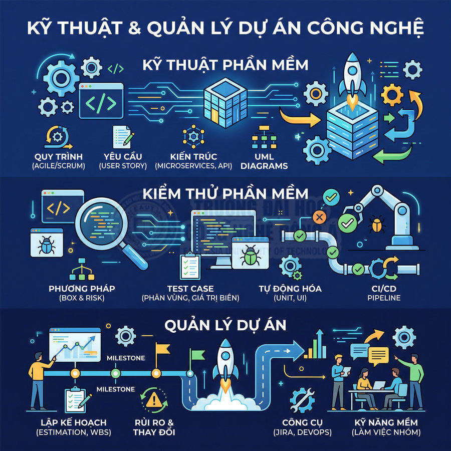 Minh họa quy trình kỹ thuật phần mềm, kiểm thử và quản lý dự án công nghệ với các biểu tượng trực quan