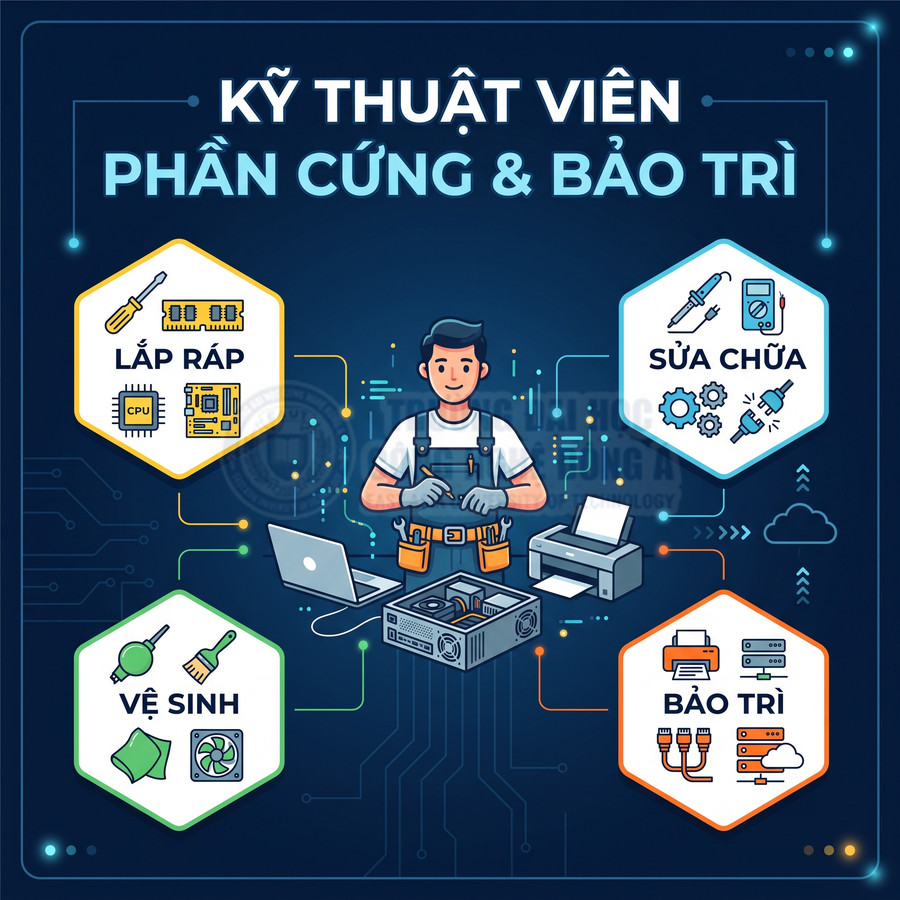 Kỹ thuật viên phần cứng đang lắp ráp, sửa chữa, vệ sinh và bảo trì máy tính, laptop, máy in và thiết bị mạng