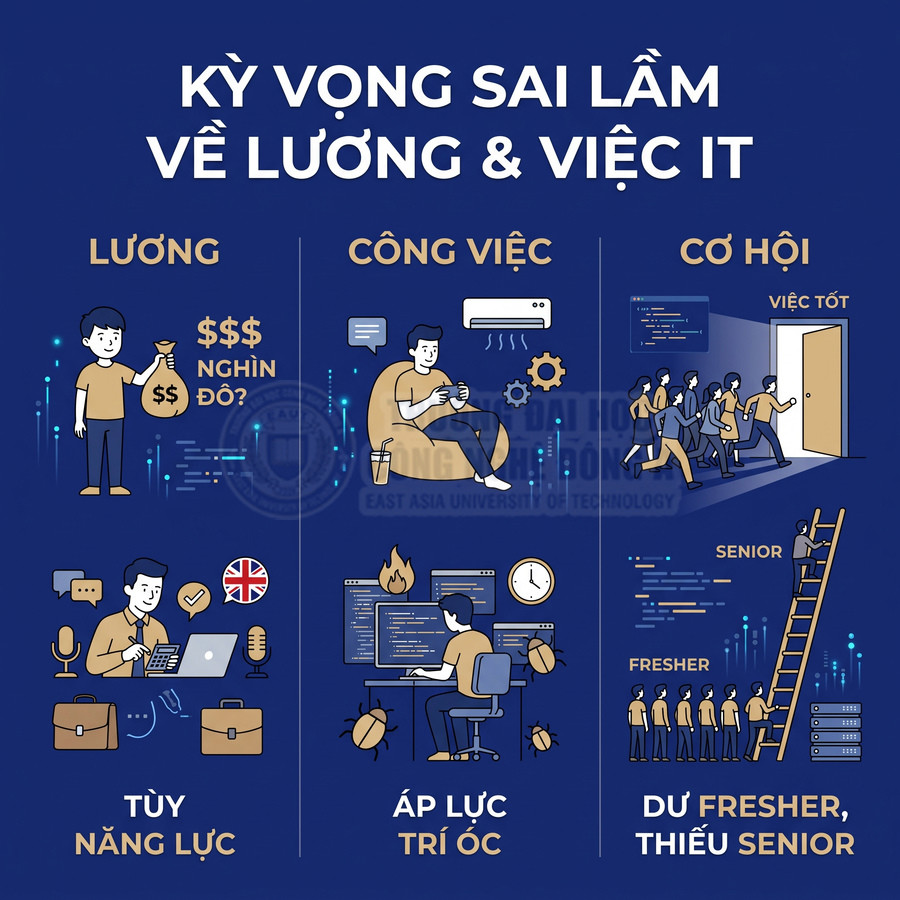 Kỳ vọng sai lầm về lương, công việc và cơ hội trong ngành IT minh họa bằng hình vẽ nhân vật IT