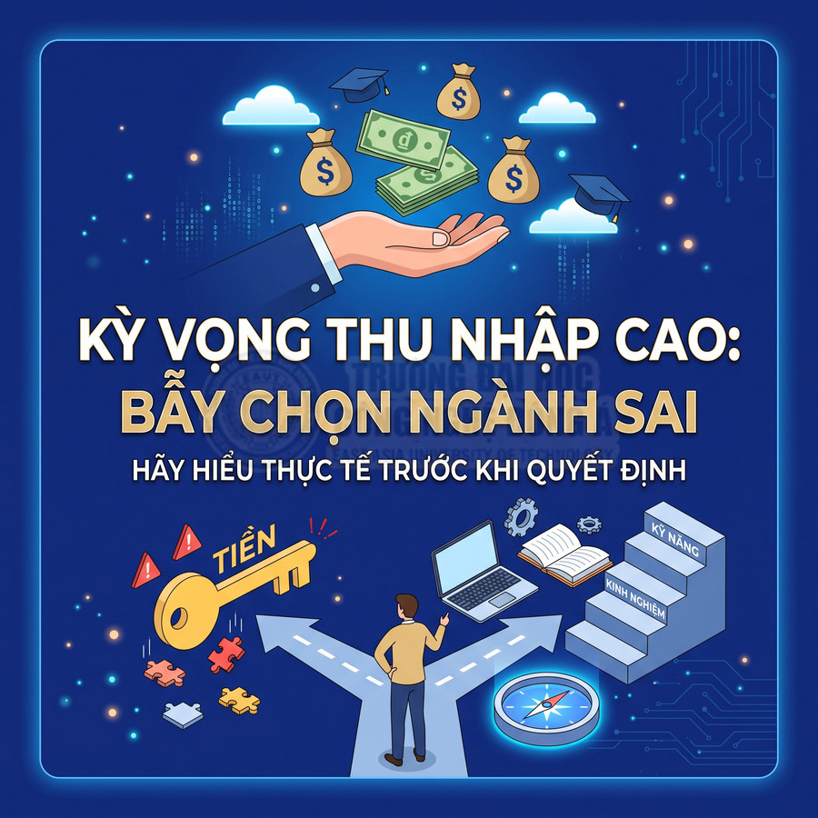 Thiết kế minh họa bẫy chọn ngành vì kỳ vọng thu nhập cao với hình người đứng trước ngã rẽ nghề nghiệp