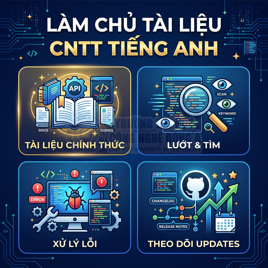 Hình minh họa các bước làm chủ tài liệu CNTT tiếng Anh: tài liệu chính thức, lướt và tìm, xử lý lỗi, theo dõi updates