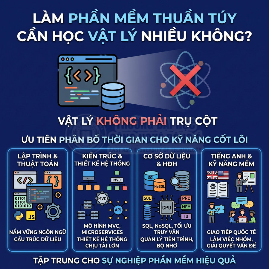 Infographic kỹ năng cốt lõi cho lập trình viên phần mềm, nhấn mạnh vật lý không phải trụ cột trong ngành