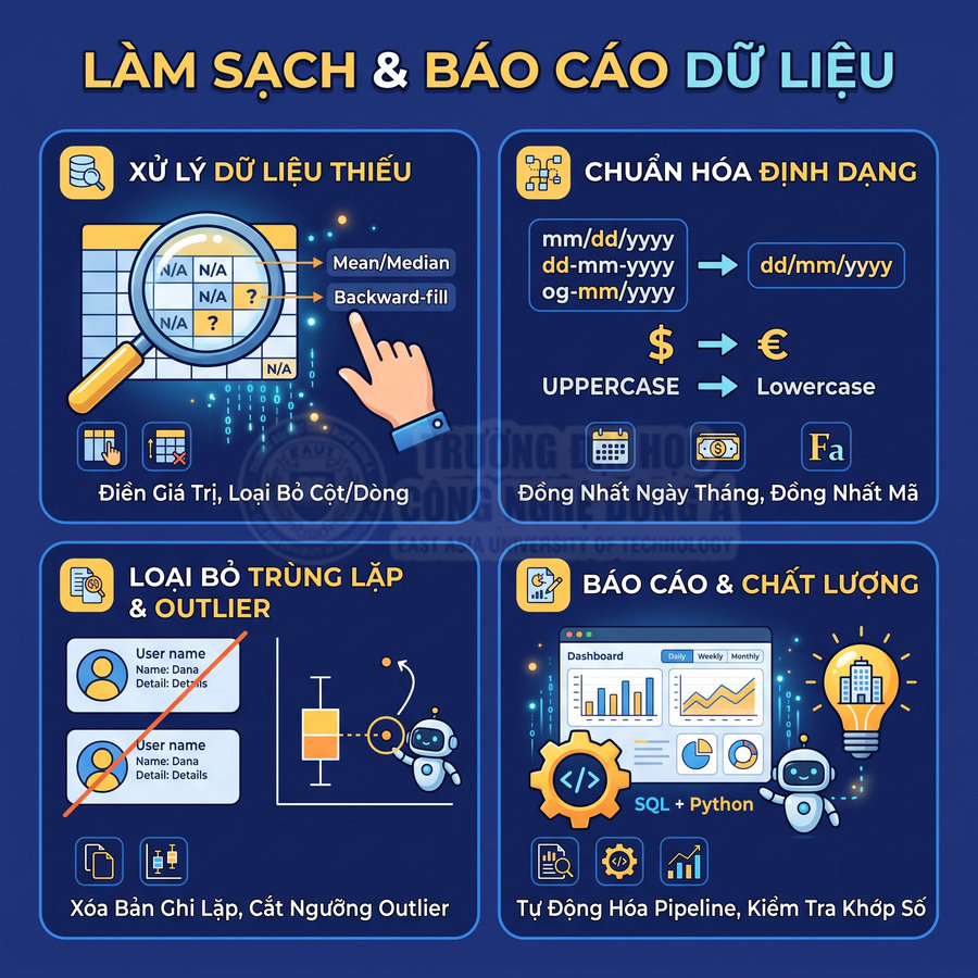Infographic quy trình làm sạch và báo cáo dữ liệu với xử lý thiếu, chuẩn hóa định dạng, loại bỏ trùng lặp và tạo dashboard
