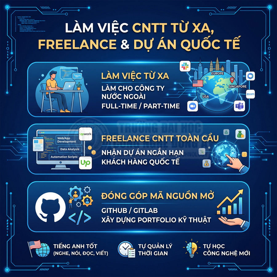 Infographic cơ hội làm việc CNTT từ xa, freelance quốc tế và đóng góp mã nguồn mở trên GitHub GitLab