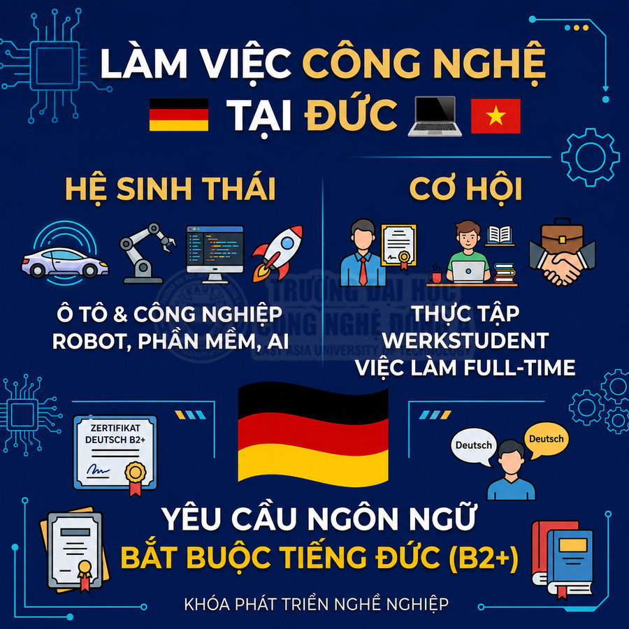 Poster giới thiệu khóa học phát triển nghề nghiệp công nghệ tại Đức, yêu cầu tiếng Đức B2 trở lên