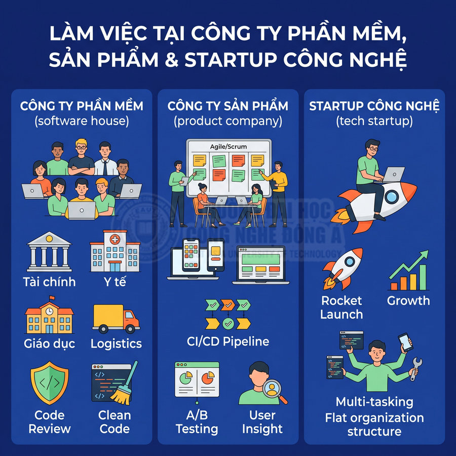 Minh họa so sánh môi trường làm việc tại công ty phần mềm, công ty sản phẩm và startup công nghệ