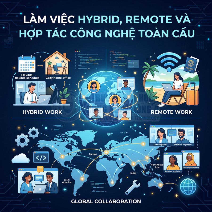 Mô hình làm việc hybrid, remote và cộng tác công nghệ toàn cầu với nhân viên kết nối qua laptop và internet