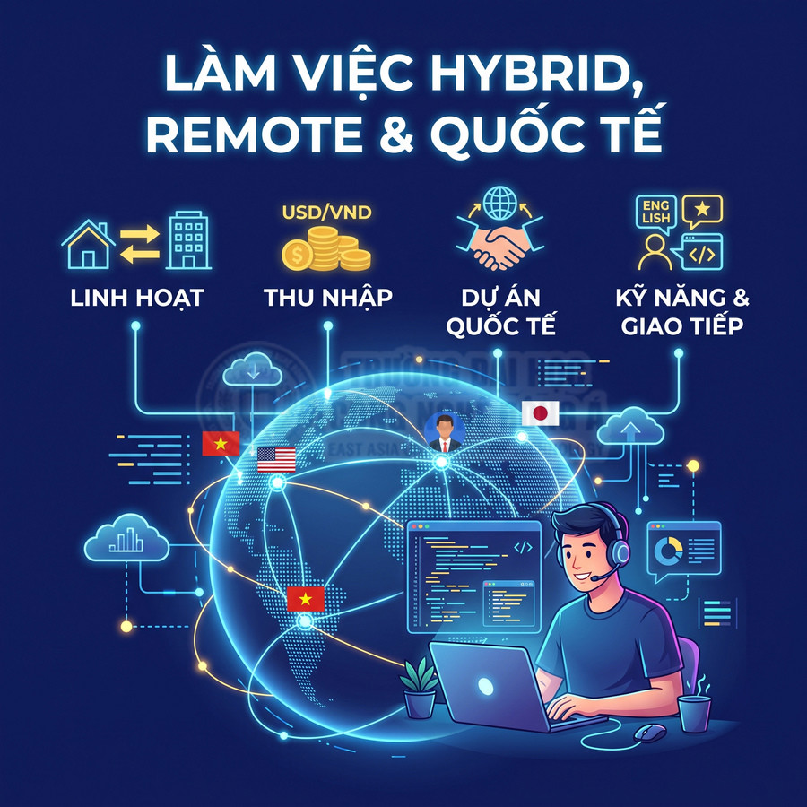 Lập trình viên làm việc remote quốc tế trên laptop, kết nối dự án toàn cầu với thu nhập linh hoạt