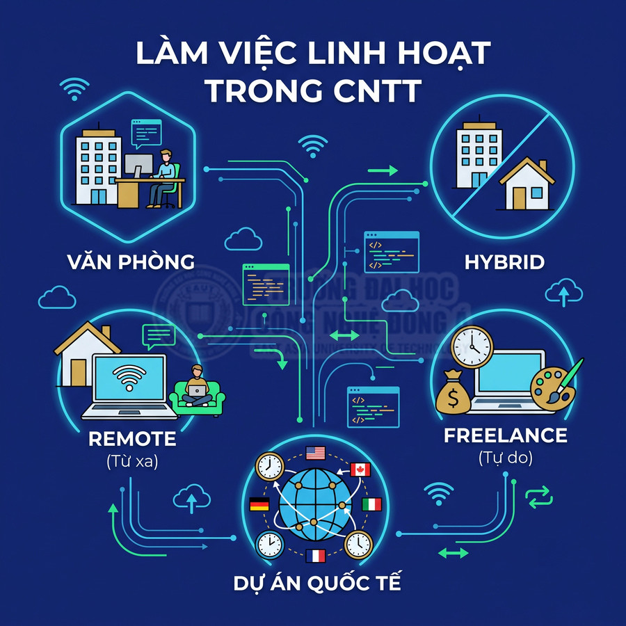 Mô hình làm việc linh hoạt trong ngành CNTT gồm văn phòng, remote, hybrid, freelance và dự án quốc tế